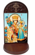 Virgin Mary Unfading Bloom Icon in Wooden Shrine With Shelf 
