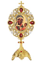 Virgin Mary Czestochowa Icon in Pearl Jeweled Shrine - Monstrance Style
