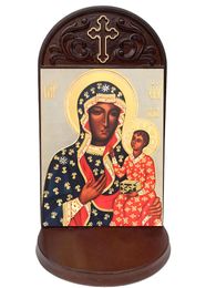 Virgin Mary Czestochowa  Icon Wooden Shrine With Shelf 