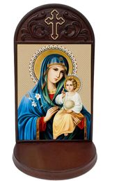Virgin Mary Eternal Bloom Icon in Wooden Shrine With Shelf 