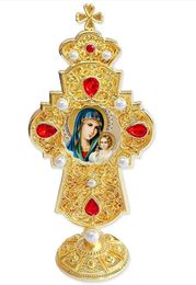 Virgin Mary Eternal Bloom, Jeweled Standing Cross, 7 Inch