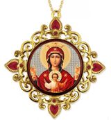 Virgin Mary Inexhaustible Cup, Jeweled Round Framed Icon with Chain