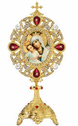 Virgin Mary "It is Truly Meet" Icon in Jeweled Shrine, Red Crystals