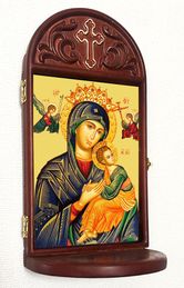 Virgin Mary Perpetual Help Icon in Wooden Shrine With Shelf 