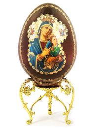 Virgin Mary Perpetual Help, Wooden Decoupage Icon Egg with Stand