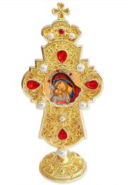 Virgin Mary Sweet Kissing, Jeweled Standing Cross, 7 Inch