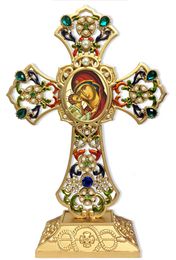 Virgin Mary Sweet Kissing in Filigree Standing Jeweled Cross