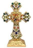 Virgin Mary Unfading Bloom in Filigree Standing Jeweled Cross