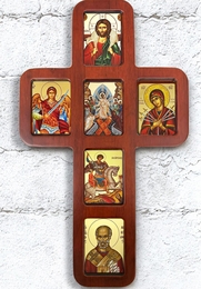 Wooden Cross with Greek Icons, Wall Hanging