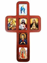 Wooden Cross with Christian Icons, Wall Hanging, 14 Inch
