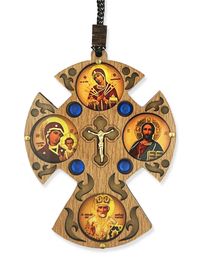 Wooden Cross on Rope with Mini Icons, 3 1/4"