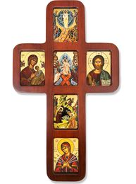 Wooden Cross with Icons, Wall Hanging, 14 Inch