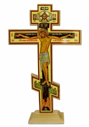 Wooden Decoupage Three Barred Cross on Stand, 9"