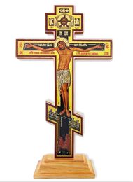 Wooden Decoupage Three Barred Cross on Stand, 9"
