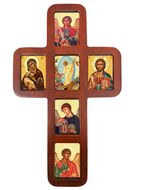 Wooden Cross with Icons, Wall Hanging, 14 Inch