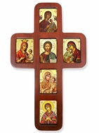 Wooden Cross with Virgin Mary Icons, Wall Hanging