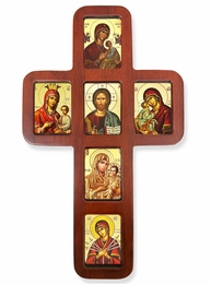 Wooden Cross with Virgin Mary Icons, Wall Hanging