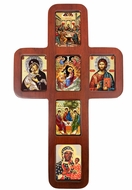 Oak Wood Cross with Mini Icons, 14 Inch