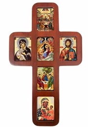 Oak Wood Cross with Mini Icons, 14 Inch