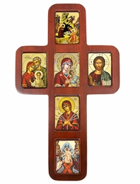 Oak Wood Cross with Greek Byzantine Mini Icons, 14 Inch