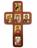 Oak Wood Cross with Greek Byzantine Mini Icons, 14 Inch