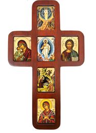Wooden Cross with Icons, Wall Hanging, 14 Inch