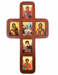 Oak Wood Cross with Orthodox Icons, Wall Hanging, 14 Inch