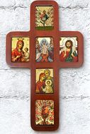 Wooden Cross with Icons, Wall Hanging, 14 Inch