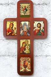 Wooden Cross with Icons, Wall Hanging, 14 Inch