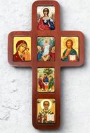Wooden Cross with Icons, Wall Hanging, 14 Inch