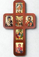 Wooden Cross with Icons, Wall Hanging, 14 Inch