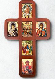 Wooden Cross with Icons, Wall Hanging, 14 Inch