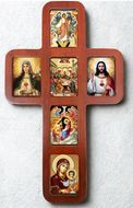 Wooden Cross with Icons, Wall Hanging, 14 Inch
