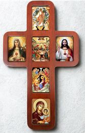 Wooden Cross with Icons, Wall Hanging, 14 Inch