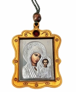 Virgin of Kazan, Wooden Icon Pendant on Rope
