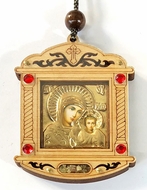 Wooden  Gold Tone Metal Pendant on Rope with Icon Virgin of Kazan