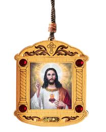 Sacred Heart of Jesus, Wooden Icon Shrine Pendant on Rope