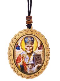Saint Nicholas, Wooden Icon Pendant on Rope