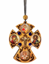 Car / Room Wooden Cross on Rope with Mini Icons 