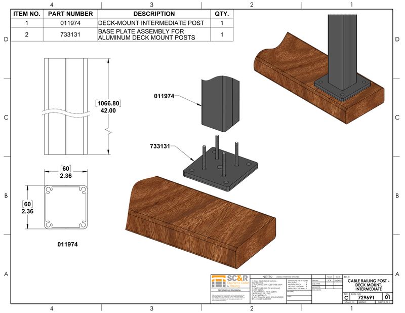 Cable Railing Post Deck Mount, Intermediate