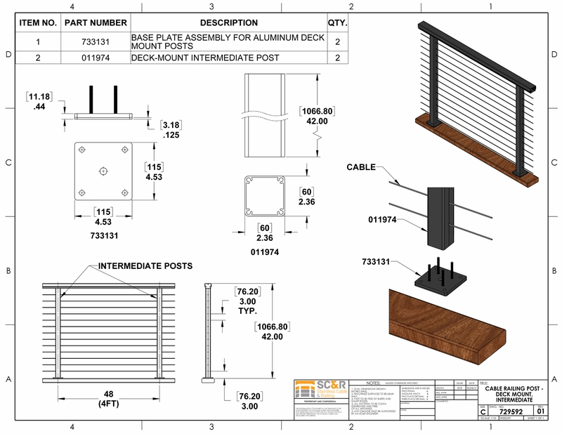 Cable Railing Post Deck Mount, Intermediate