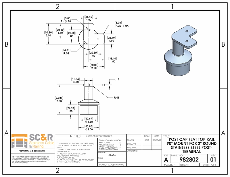 POST CAP FLAT TOP RAIL 90deg MOUNT FOR 2" ROUND STAINLESS STEEL RAILING