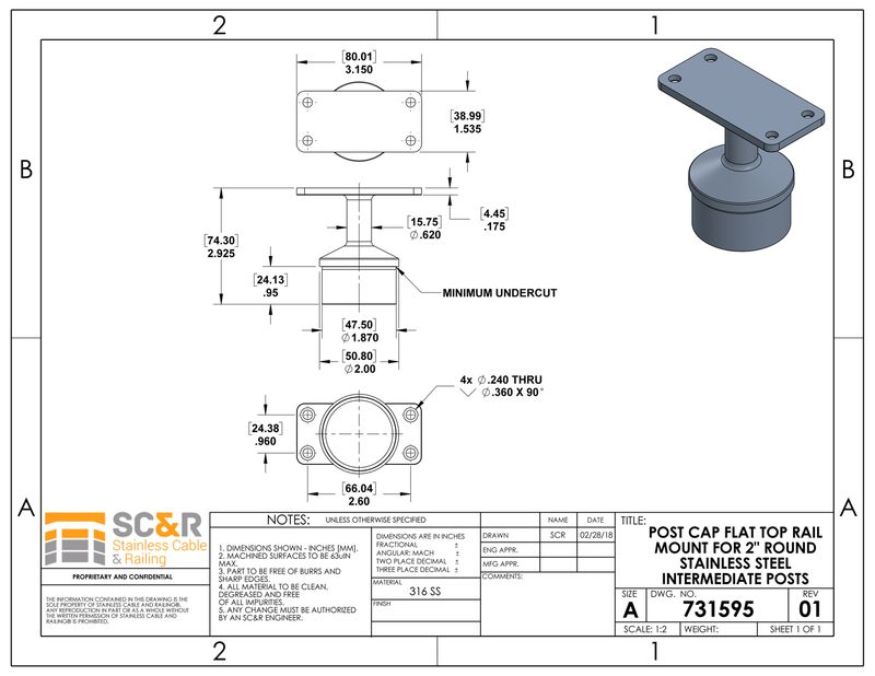 Post Cap Flat Top Rail Mount for 2" Round Rail