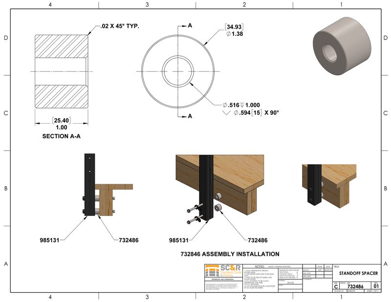Standoff Spacer for Fascia Mounted Aluminum & Stainless Post