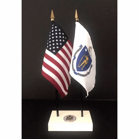 Massachusetts and US Flag Executive Desk Set
