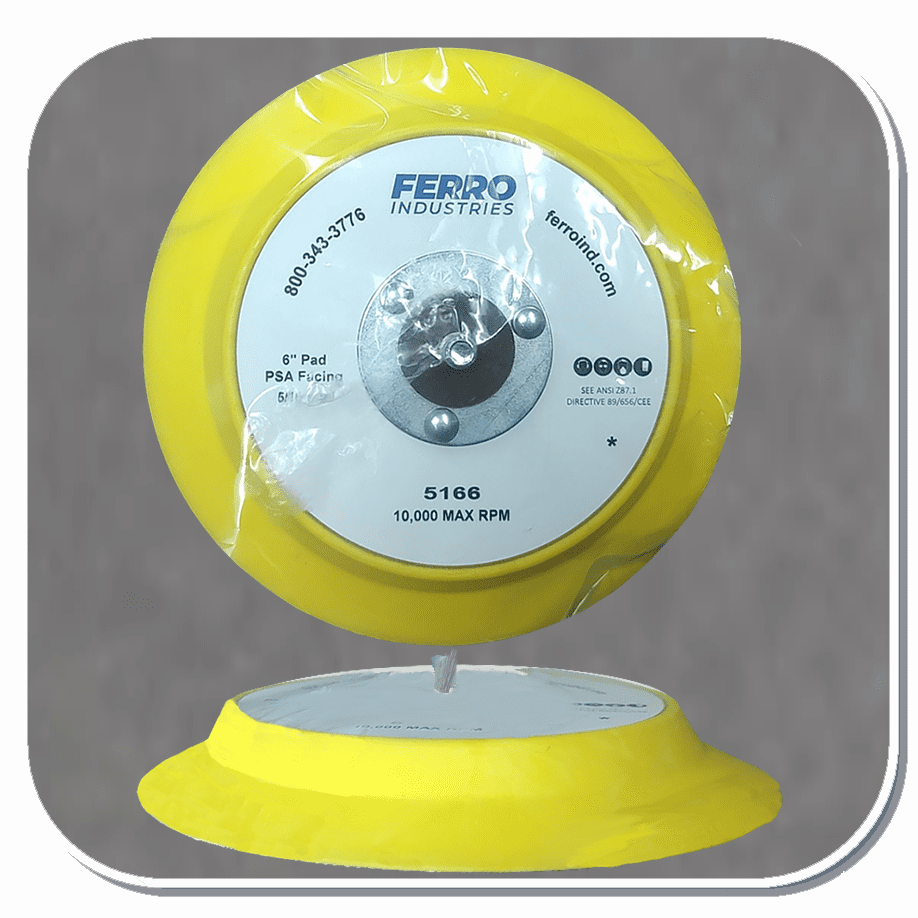 FER-5166 Ferro 6" Flexible Edge urethane molded pad with a heavy duty riveted composite hub. For use with PSA coated abrasive discs.