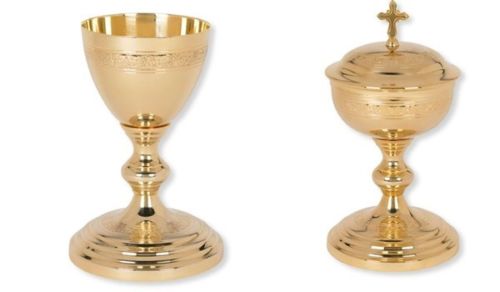 Grape And Leaf Chalice And Paten Set - Gold Plated Brass Communion Set, 13 Oz Cup, 5" Paten