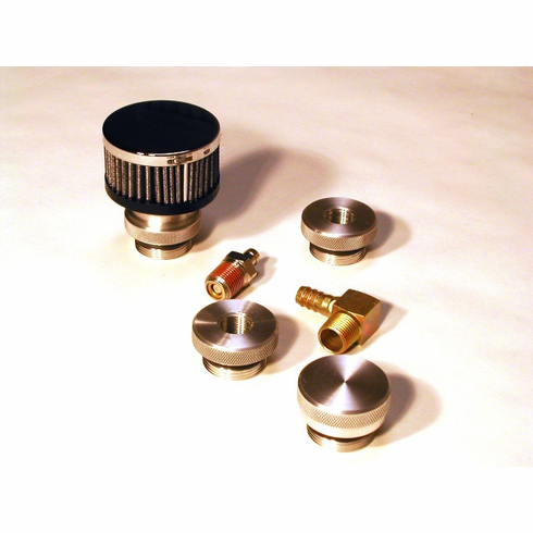 Includes 2 Solid Billet OIl Filler Caps, 1 Billet PCV Cap, and 1 Billet 90 Degree Fitting Cap