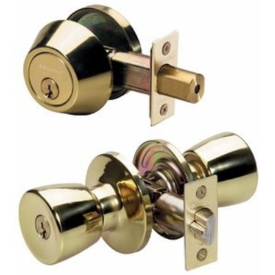 Master Lock TUCO0603 Tulip Combo - Keyed Entry Knobset with Keyed Alike Single Cylinder Deadbolt with SilvaBond Antimicrobial Protected Finish, Polished Brass