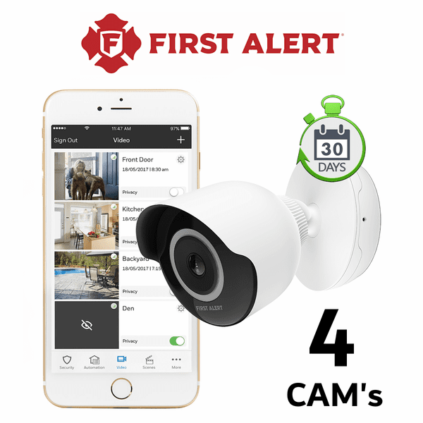 First Alert 4 Standalone Home Security Camera Services with 30-Days Storage (Powered by Total Connect 2.0 App)
